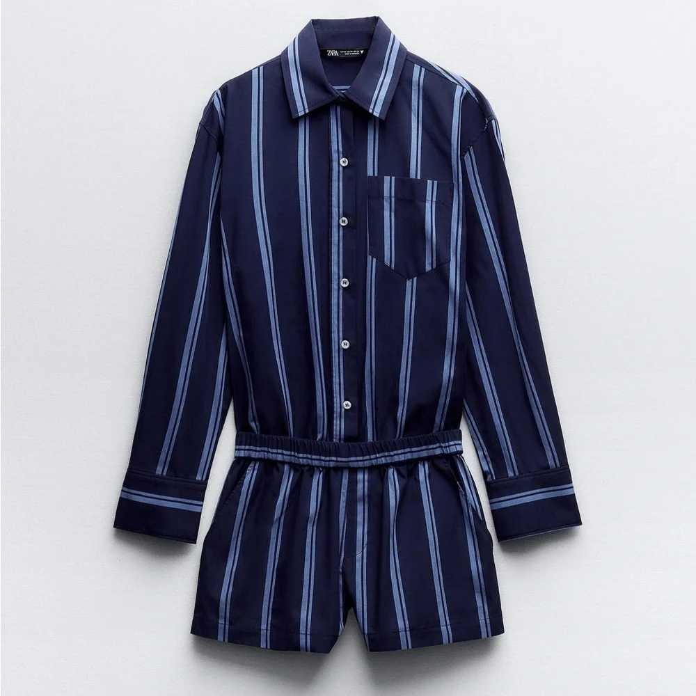 Zara Striped Poplin Jumpsuit Romper 100% Cotton In Blue Size M NWT